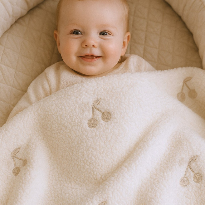 불로홈 아기 밍크 자수 극세사 블랭킷 이불, 화이트 베이지 체리