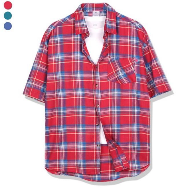 오마보이 남성용 루즈핏 3번 체크 반팔 셔츠