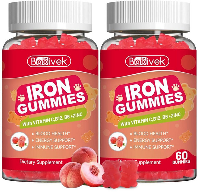 2 Pack Iron Supplement Gummies for Women & Men - with Folate Vitamin C B12 B6 Zinc Peach Flavor Ve, 1개