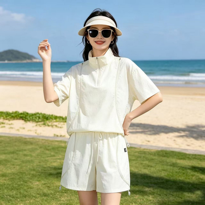 여성용 여름 자외선차단 반집업 바람막이 반팔티 밴딩 반바지 상하복