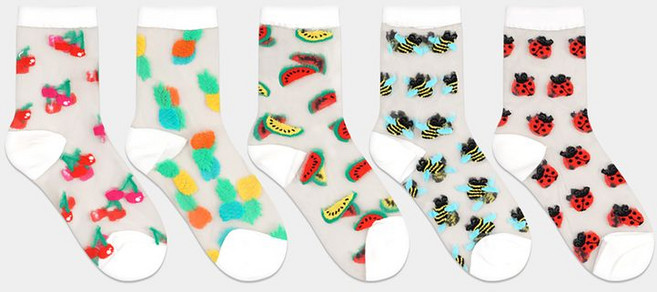 노디자인 PG 엄마용 학생용 과일곤충 시스루 중목 양말 3족 세트 여자양말 학생 주니어 망사 데일리 심플 패션