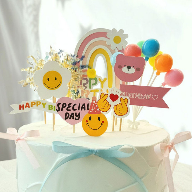 생일 파티용품 생일케이크토퍼 레인보우벌룬토퍼세트 1세트 8종, 1개, 핑크
