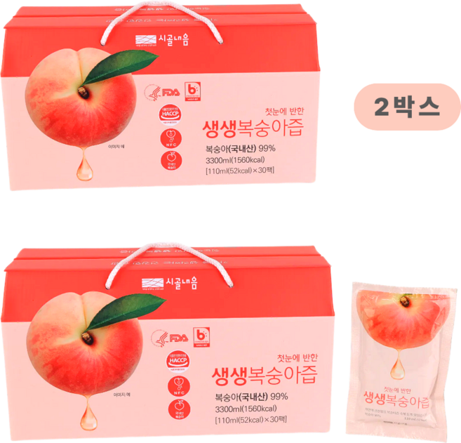 시골내음 생생 복숭아즙 100% 착즙 한여름 복숭아를 베어먹는 맛, 60개, 110ml