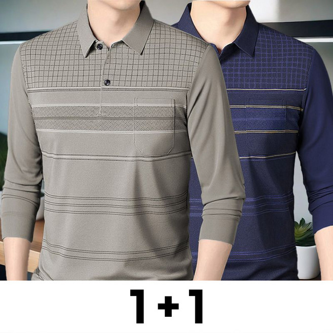 메인워크 1+1 중년남성 빅사이즈 폴로넥 긴팔 티셔츠 봄가을 간절기 스판 아빠룩 리얼 포켓 캐주얼 루즈핏 비즈니스 풀오버 상의 2매입