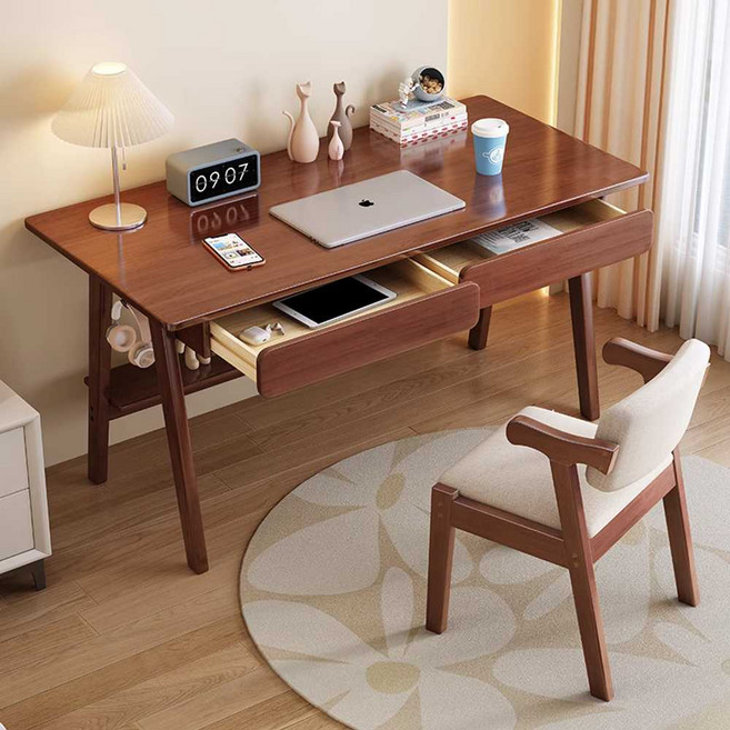 데스크 노트북 원목 1000 1200 책상 선반 높낮이조절 서랍 1400 포함 800, 호두색 테이블