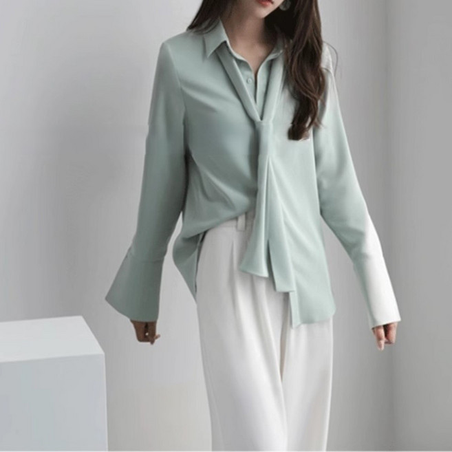 쪼예 카라 스카프 타이 쉬폰 루즈핏 긴팔 셔츠 블라우스