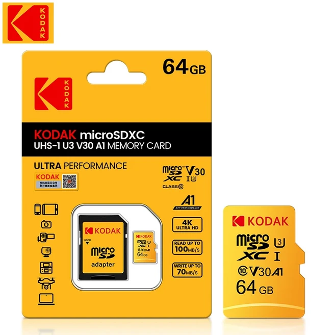 KODAK 마이크로 SD 카드 적색 메모리 카드(Adapte 32GB MicroSDHC 64GB MicroSDXC MicroSD C10 A1 TF 플래, 01 64GB