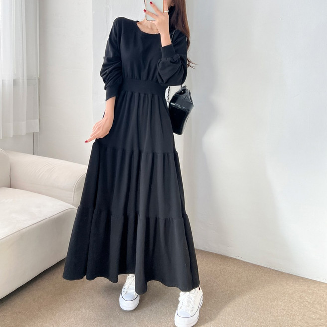 (사이드주머니) 시보리 캉캉 티어드 루즈핏 면 캐쥬얼 롱 원피스 3color