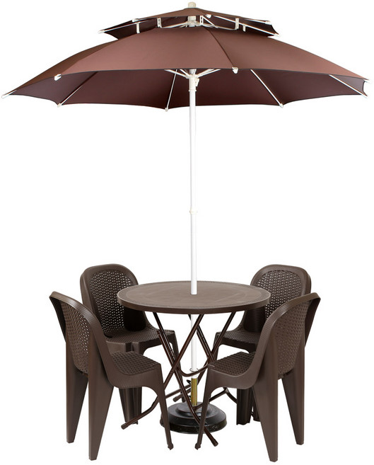 (창신) 국산 특허 원터치 파라솔세트 테이블 라탄등받이 의자 편의점 야외, 브라운, 원형테이블 세트