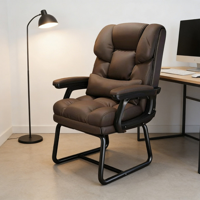 프리미엄 두툼한 컴퓨터 의자 PU 가죽 리클라이너 각도조절 의자 허리 편한 사무용 컴퓨터 의자, 브라운