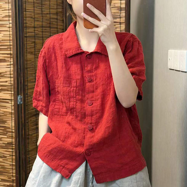 지고다그 여성용 여름 코튼린넨 반팔 셔츠 카라넥 단추 포켓 루즈핏 통기성 얇은 블라우스 ZKA0728