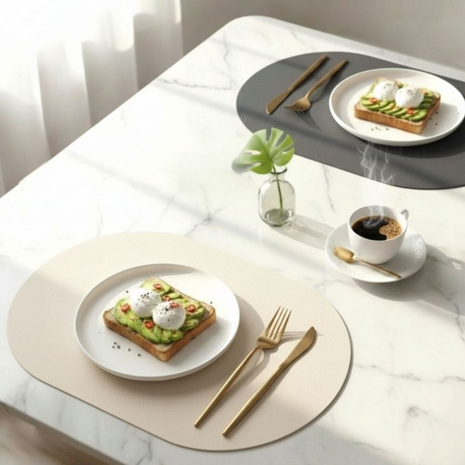 브랜드유 양면 가죽 식탁 매트, 2개, 44x30cm, 그레이(베이지)