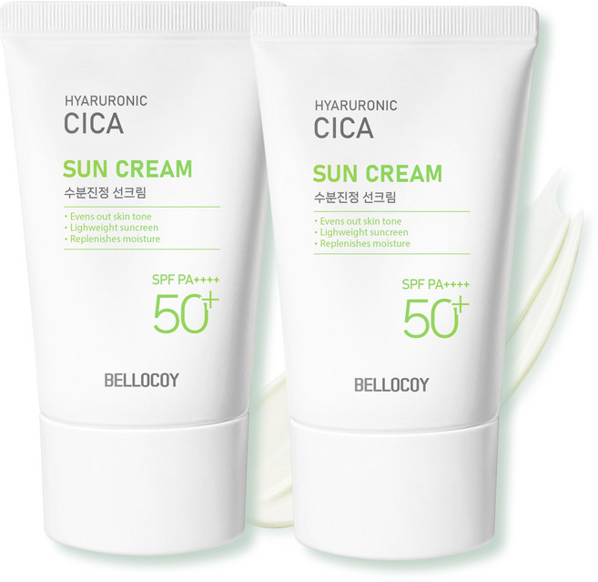 히알루론산 시카 수분 선크림 SPF50+ PA++++ 혼합자차 페이스 바디 백탁 눈시림 끈적임없는 톤업 썬크림, 2개, 50ml