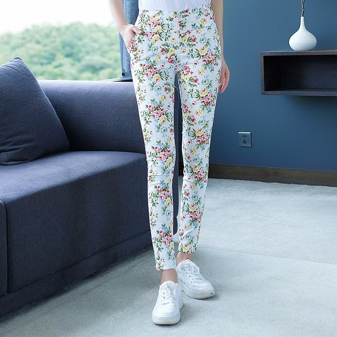 허리밴드 꽃무늬 스키니핏 팬츠 레깅스 스판 쫄바지
