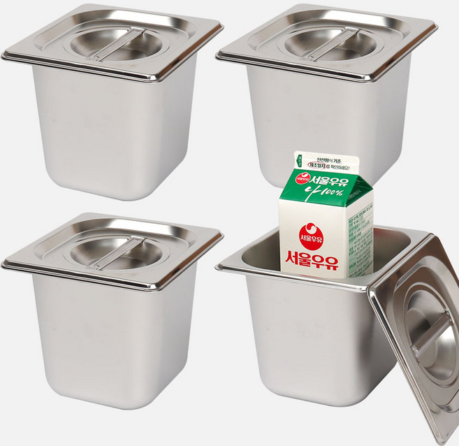 강화 스텐 사각 밧드+뚜껑 세트 주방용 냉장고 반찬 바트 용기, 4세트, 6인치 몸체+뚜껑