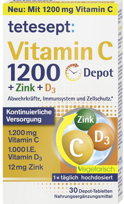 독일 테테셉트 Tetepthet Vitamin C 1200 비타민C 1200 + 아연 + 비타민D3 데포, 2개, 30정