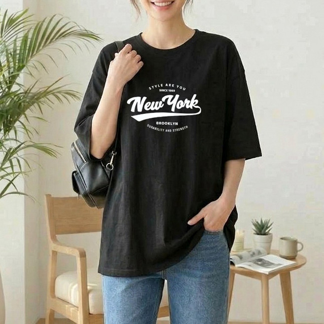 6위 - 스타일아유 여성 면100% 여름용 오버핏 반팔 티셔츠 순면 빅사이즈 원작 Newyork 레터링 루즈핏 반팔티