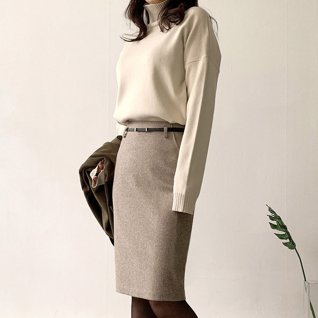네모엔룩 여성용 헤링본울벨트 +벨트 스커트