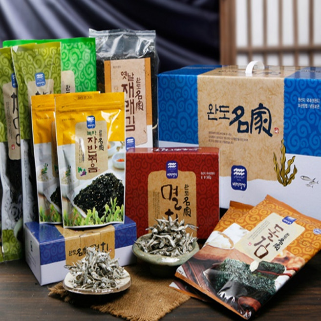 완도명가귀한특선선물세트5호(조림멸치500 대멸치500g 지주식재래김100장 지주식돌김구이김7x2봉 녹차자반볶음70gx2봉 건다시마200g 참미역40gx3봉), 1개