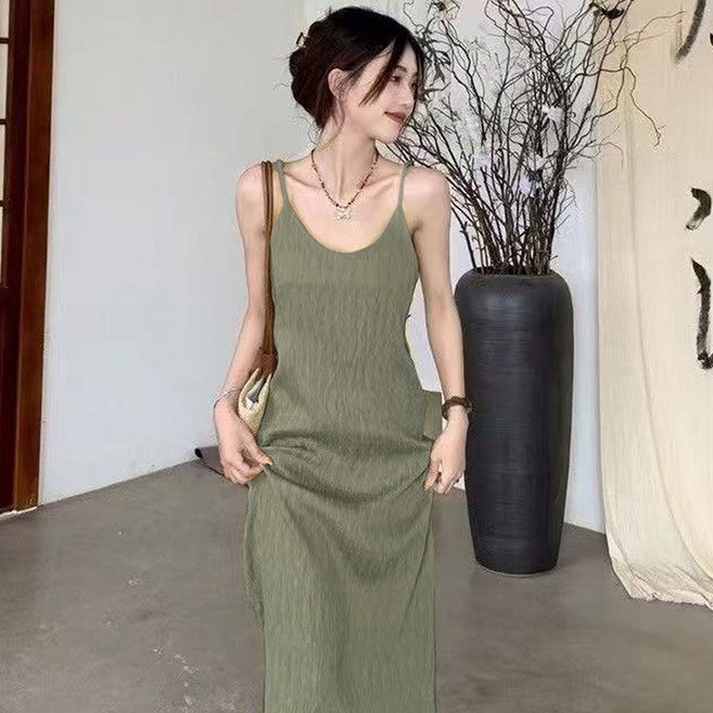 褶皺細肩帶連衣裙女寬鬆內搭外穿打底背心裙