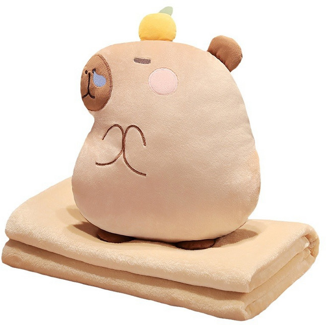 [투크] 담요 품은 카피바라 캐릭터 쿠션담요 사무실담요 학교담요 학생담요, 1개, 베이지 귤