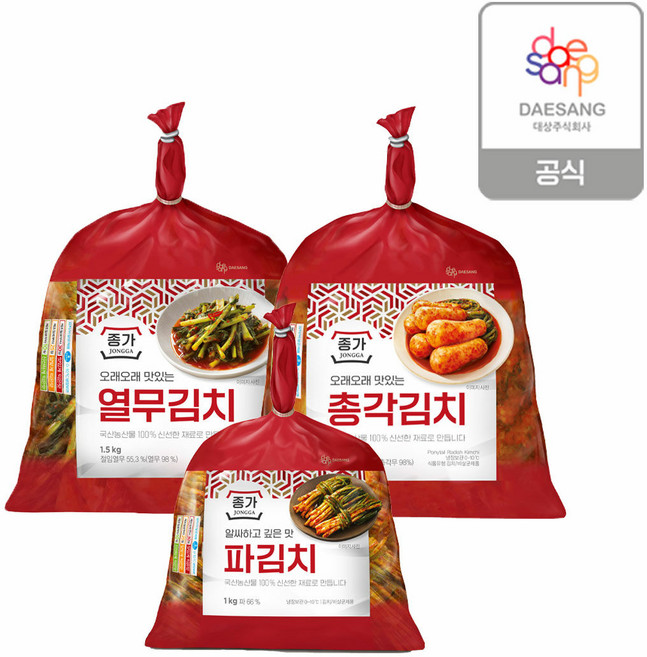 [종가] 파김치 1kg + 총각김치 1.4kg+열무김치 1.5kg (총 3.9 kg), 1개, 3.9kg