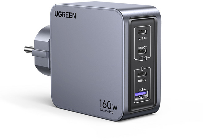 UGREEN 유그린 Nexode 160W GaN C타입 고속 충전기 4포트 USB-C타입& A타입 노트북 충전기 어댑터 갤럭시 S24/S23 맥북 프로 아이폰 17/16/15 호환, Grey, 1개
