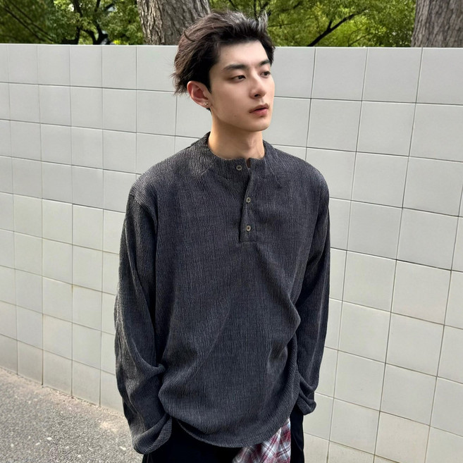 亨利領T恤 男款美式復古褶皺設計長袖打底衫