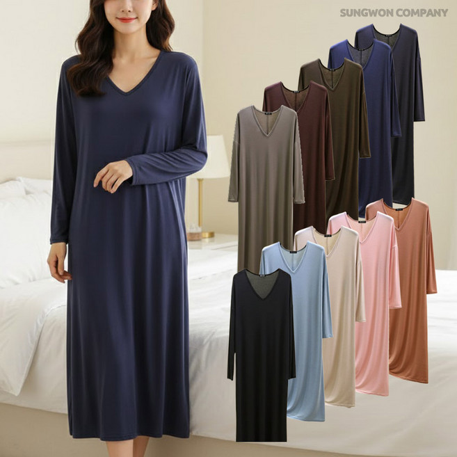 이너퀸 프리수 L~6XL 빅사이즈 모달 스판 긴팔 브이넥 롱 소프트 루즈핏 원피스 잠옷 홈웨어 이지웨어 파스텔긴팔원피스