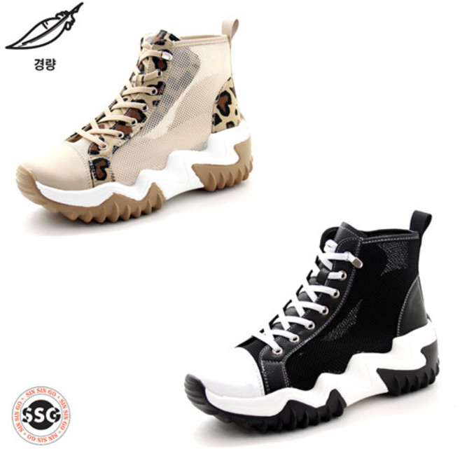 [천연소가죽 밴딩끈 망사 4cm] 가볍고 발볼편한 쿠션감좋은 여성 하이탑 시원한 여름 하이탑 캠퍼스 키높이 통굽운동화