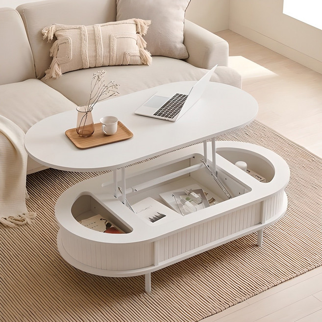 삼익가구 웨이즈 타원형 템바보드 리프트업 소파 테이블 1200 방문설치, 화이트