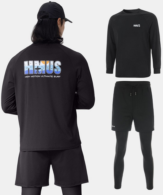 남자 루즈핏 긴팔 래쉬가드 상의 + 반바지 레깅스 하의 팬츠 세트 비치웨어 체형커버 자외선차단 휴양지 바캉스룩