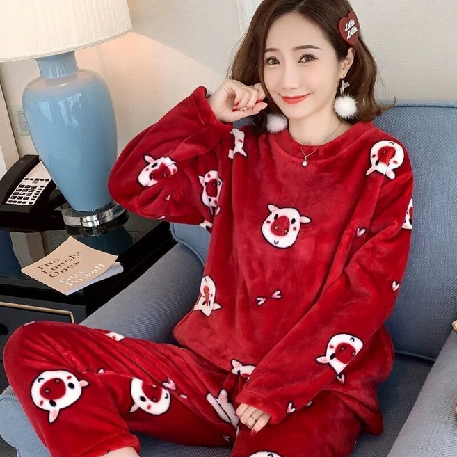 可愛珊瑚絨法蘭絨睡衣女 冬季加厚保暖套裝