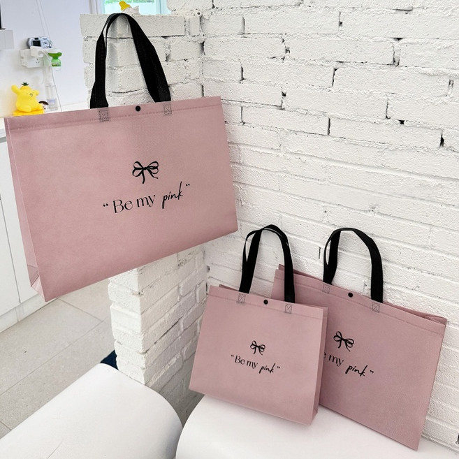 부직포 쇼핑백 선물 복장 손잡이 포장봉투 방수 빵곰, 10개, 핑크 리본