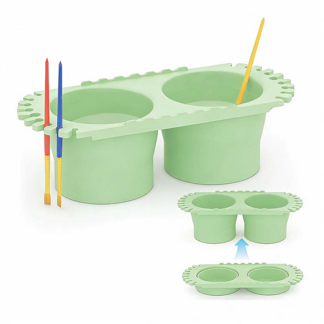 루베이 다기능 접이식 실리콘 물통 + 화필 거치대 이중 세척 구조 세척 공간 절약 화실/미대생/예술 시험, 녹색