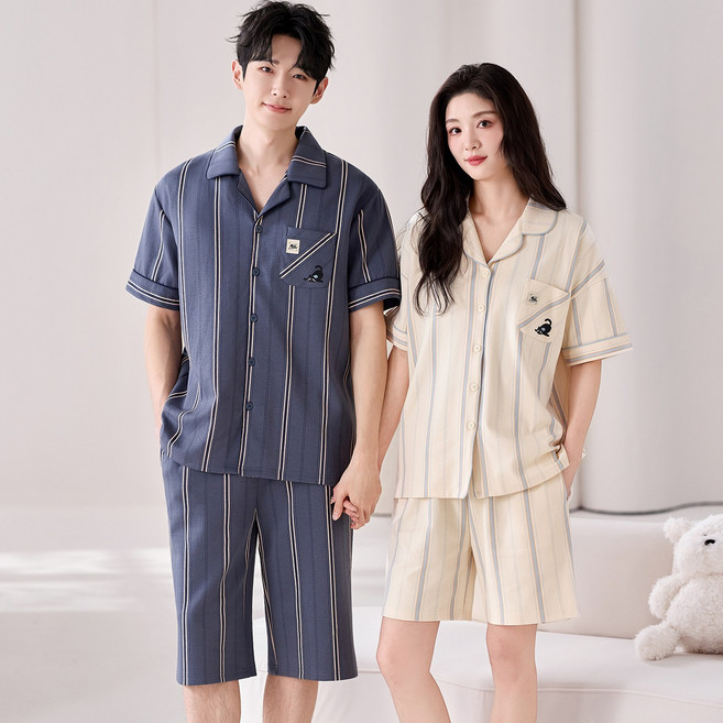 ANYOU 순면 100% 부드러운 쿨링 스트라이프 커플 잠옷 세트