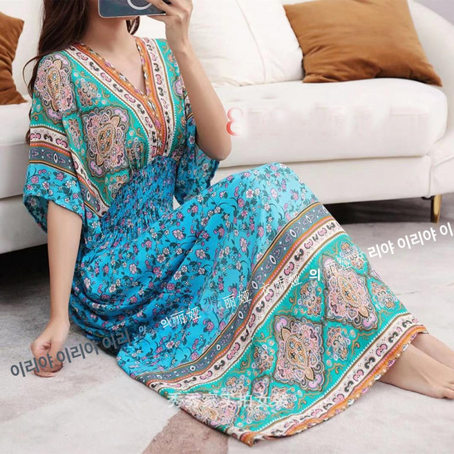 프린트 에스닉 플라워 해변 보헤미안 비치 휴양지 바캉스 롱 원피스 신혼 여행 보호 시크 룩