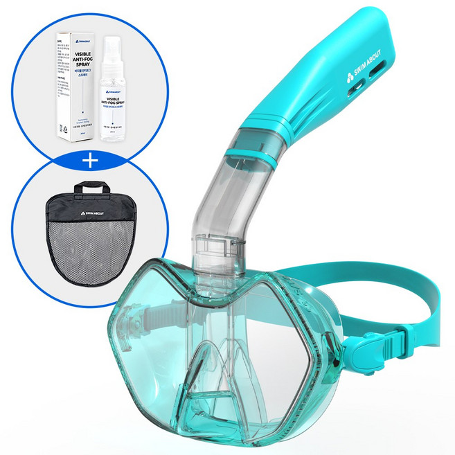 스윔어바웃 프리딥 스노쿨링 마스크 세트 + 안티포그 스프레이, 아쿠아 그린