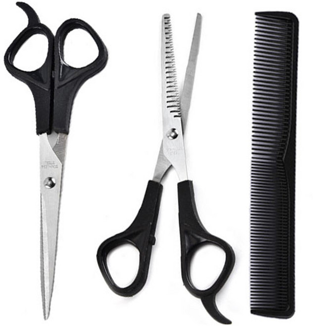 타이탄 가정용 헤어 미용가위 숱가위 빗 3종 세트, 1세트, 혼합색상