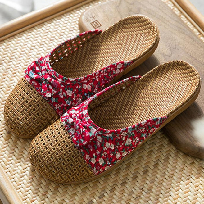 라탄 린넨 왕골슬리퍼 등나무꽃리본 대나무 여름 실내 남성 거실용 여성실내화 JUN팩토리, 화이트, 1개