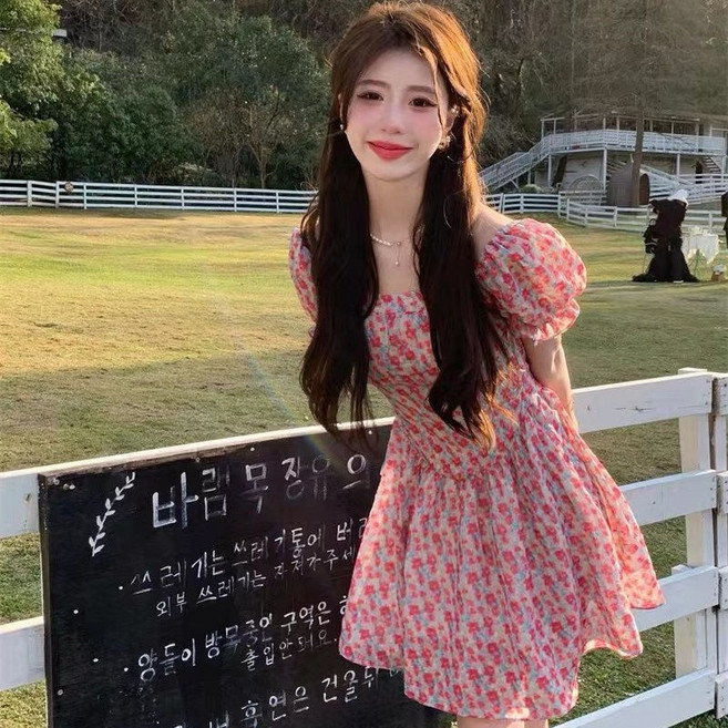 夏季新款方領法式碎花連衣裙小個子溫柔短裙, 粉紅色,s