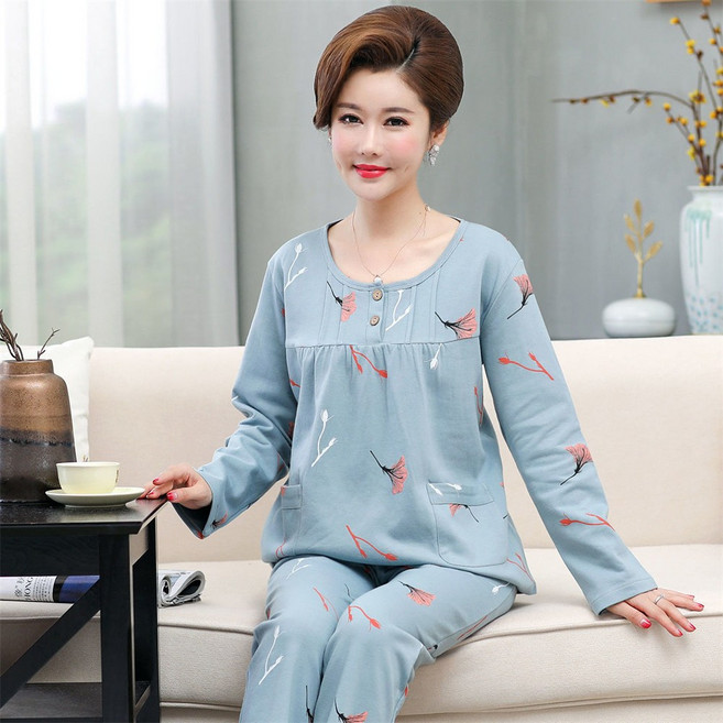 Vezri 여성 중년용 봄가을 체크무늬 긴팔 긴바지 잠옷 빅사이즈 투피스 세트