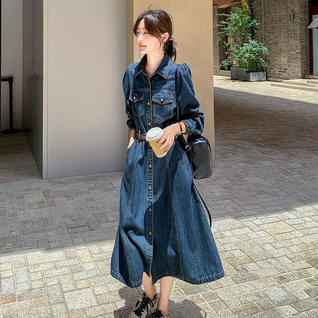 POMTOR 긴팔 버튼 벨트 롱 여성 데님 원피스