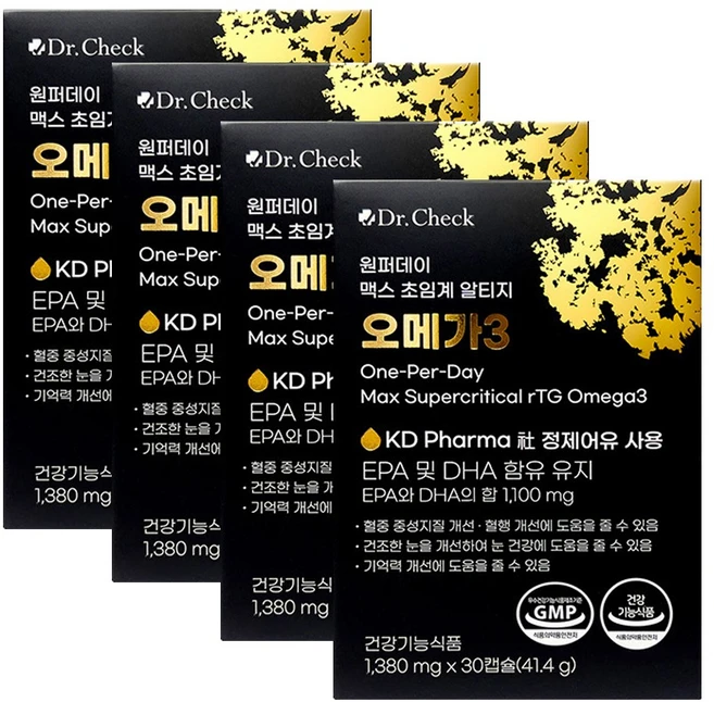 닥터체크 원퍼데이 맥스 초임계 알티지 1100mg 오메가3 30캡슐 4박스 4개월분, 30정, 4개 - 쿠팡