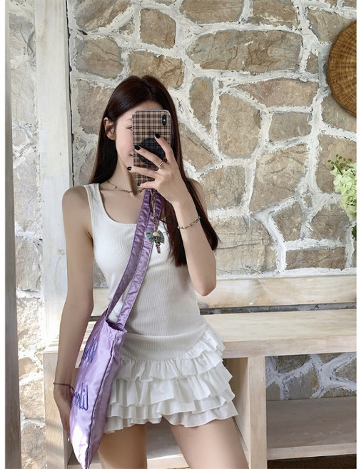 【辣妹收腰】吊帶連衣裙 背心裙 短裙 蛋糕裙 連衣裙 方領無袖 修身顯瘦 白色 夏季 約會度假穿搭