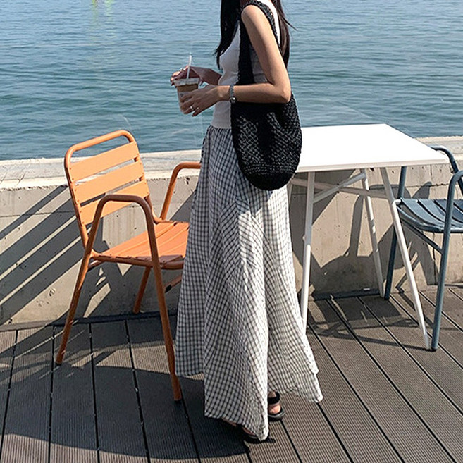 네모엔룩 체크프리롱 여성용 여름치마 허리밴딩 스트링 맥시 A라인 캐주얼 플레어 롱 스커트