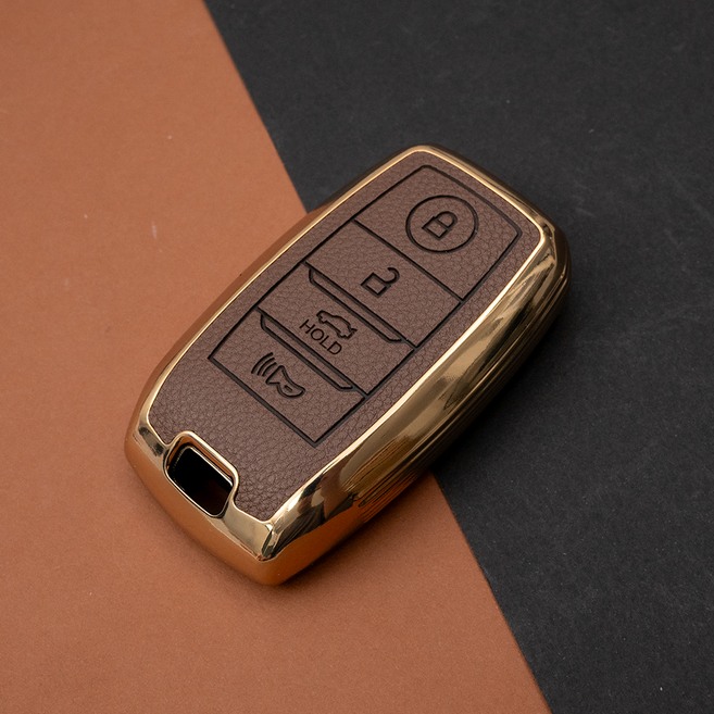 기아 k3 k5 쏘렌토 스포티지 쏘울 호환 호환 TPU 스마트키 가죽 TPU 케이스 키링 키홀더, 브라운골드, 4버튼 TL31