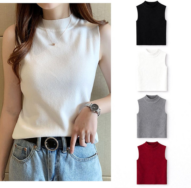 VERIT 로우 터틀넥 골지 나시티 여성용 무지 탑 반목 민소매 티셔츠 VT930