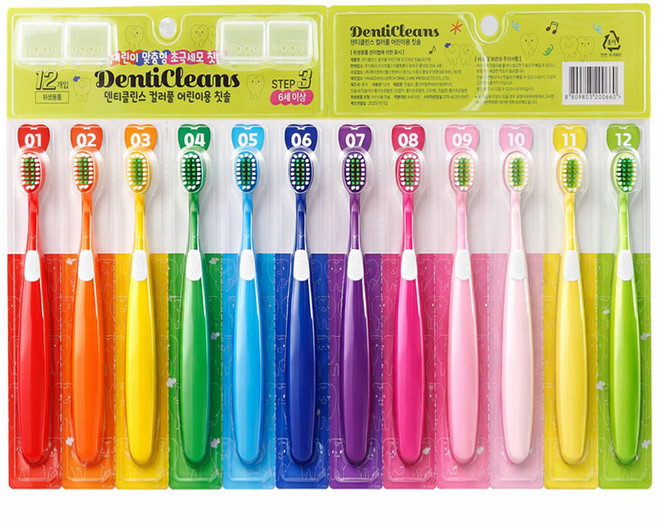 가성비가브랜드다 덴티클린스 컬러풀 듀얼케어 초미세모 어린이 칫솔 스텝3, 1세트, 12개입, 혼합색상