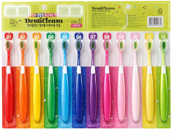 가성비가브랜드다 덴티클린스 컬러풀 듀얼케어 초미세모 어린이 칫솔 스텝3, 1세트, 12개입, 혼합색상 - 쿠팡